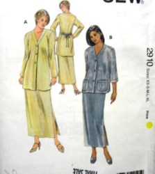 2910 Kwik Sew LONG STRAIGHT SKIRT, V JACKET TIED OR NOT PATTERN XS-XL uncut
